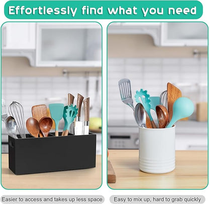 ALELION Large Utensil Holder with Removable Divider - 4 Compartment Wooden Utensil Caddy Organizer for Kitchen Counter - Black Cooking Utensil Crock for Countertop