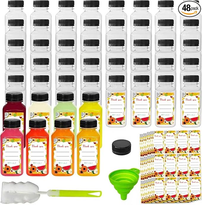 48pcs 12oz Juice bottle with caps,Plastic bottles with caps, Reusable Clear Bulk Beverage Containers for Juice, Milk and Other Beverages