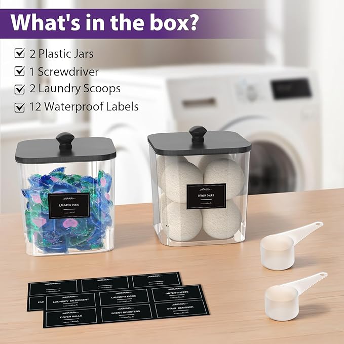 COAZEX 2 Pack Clear Laundry Pods Container, Plastic Square Laundry Room Organization and Storage Jars with Black Lids, Scoops & Labels for Detergent, Powder, Dryer Balls