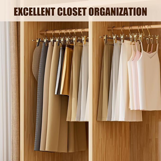 20 Pack Matte Gold Aluminum Pants Hangers with 2 Adjustable Clips & 360° Swivel Hooks, Lightweight & Sturdy, Non-Slip Rubber Pads for Trouser, Skirts, Jeans, Scarf, Camisoles, Kids & Adults