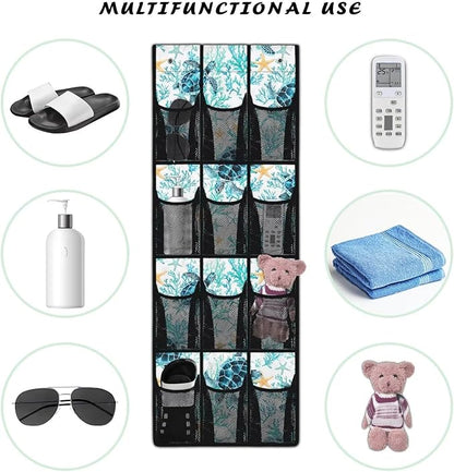 Blue Sea Turtle Behind The Door Shoe Organizer, 12 Pockets Ocean Theme Hanging Rack for Bathroom & Beach House, No Drill Storage for Toys & Toiletries