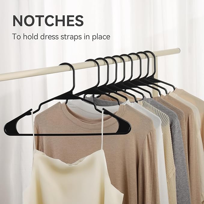 Plastic Hangers - 50 Pack, Durable Space Saving for Everyday Use and Dorm Room Essentials - Black