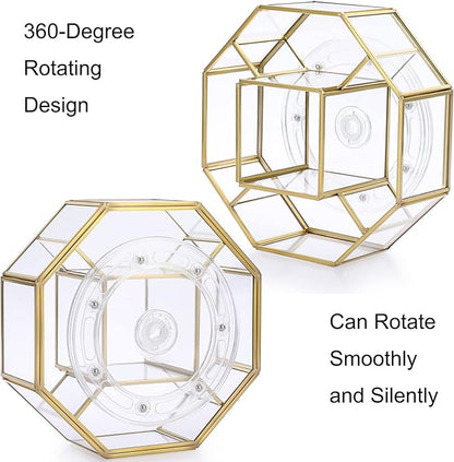 Hipiwe 360 Degree Rotating Glass Makeup Organizer- 5 Slots Gold Metal Cosmetic Storage Display Holder Octagon Dresser Bathroom Spinning Vanity Organizer For Makeup Brushes, Lipsticks, Perfume