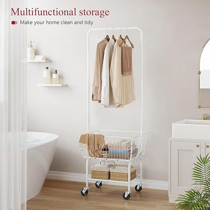 Tajsoon Laundry Cart with Hanging Rack, Metal Laundry Basket with Wheels, Laundry Hamper with Storage Basket and Shelf, Rolling Laundry Cart with Wheels, White