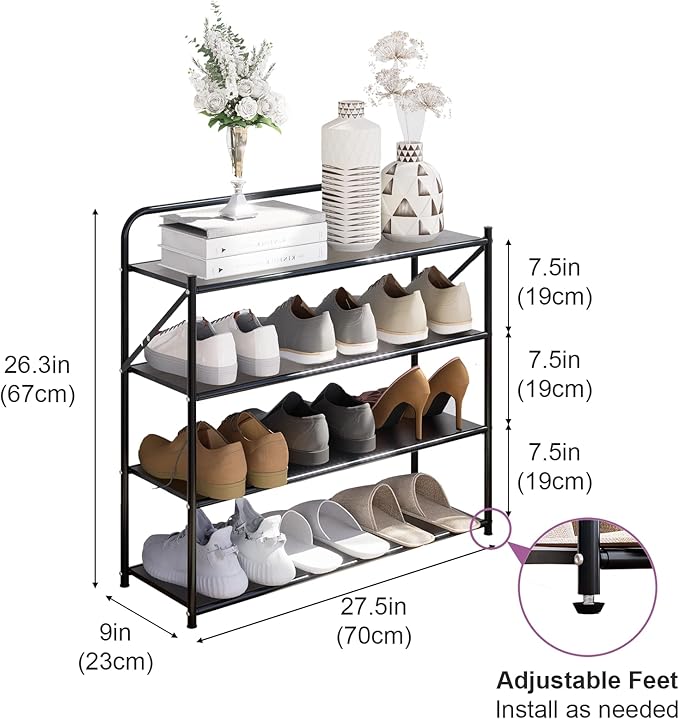 4 Tier No-Assembly Shoe Rack, Foldable Shoes Rack Organizer Without Installation, Portable Solid Metal Shoe Shelves for Closet, Entryway, Front Door Entrance