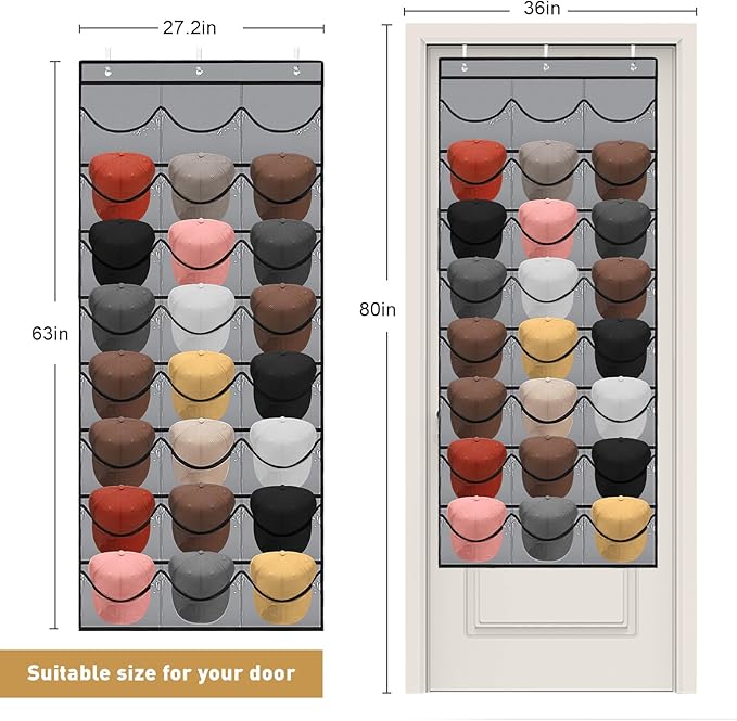BiCINE Hat Rack for Baseball Caps, 24 Pocket Over The Door Hat Organizer Storage, Hat Holder for Door with 3 Hooks, Grey - 1 Pack