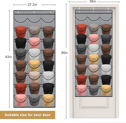 BiCINE Hat Rack for Baseball Caps, 24 Pocket Over The Door Hat Organizer Storage, Hat Holder for Door with 3 Hooks, Grey - 1 Pack