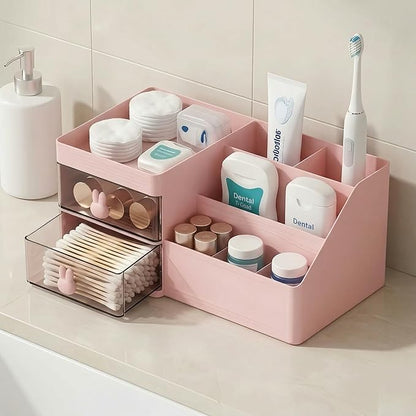 Makeup Organizer With 2 Drawers, Countertop Organizer For Vanity, Bathroom Organizers And Storage, Bathroom And Bedroom Desk Cosmetics Organizer For Skin Care, Brushes, Eyeshadow, Lotions (Pink)