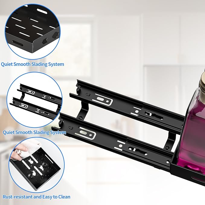 BOIVSHI Pull Out Spice Rack Organizer for Cabinet, Heavy Duty Spice Organizer for Cabinet, Vertical Spice Rack for Kitchen, Cabinet, Pantry, Cupboard (4.2''Wx10.5''Dx2.8''H, Metal Black)
