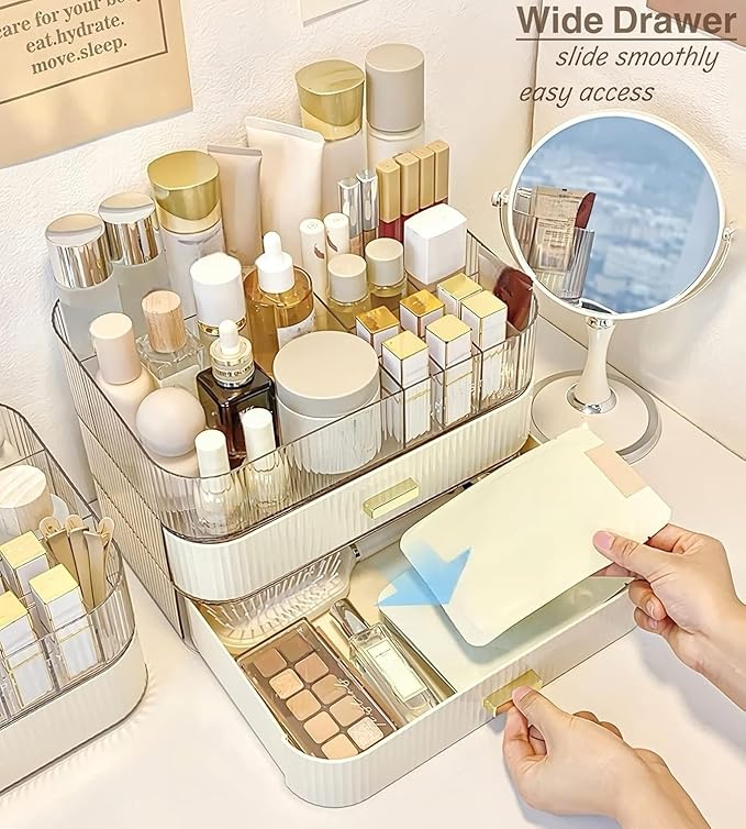 Makeup Organizer with Stackable Drawers, Bathroom Countertop Vanity Organizers and Storage, Ideal for Desk and Dresser, Great for Cosmetics, skin Care, Lipsticks, Nail Care -Cream White