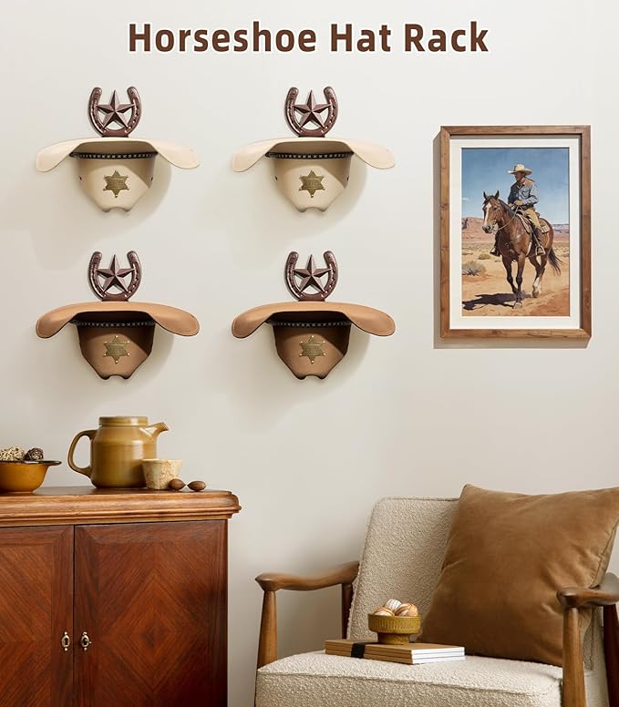 Cowboy Hat Holder Wall Mount, Metal Western Hat Rack for Wall, 4 Pack Cowboy Hat Hanger for Wide Brim Hats Fedora, Rustic Horseshoe Organizer for Closet Entryway Horse Trailer, Western Decor, Bronze