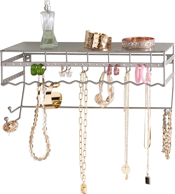 Simplify Wall Mounted Jewelry Organizer | Dimensions: 14.6"x 3.9"x 7.5" | 1 Tier | Home Organization | Great for Bracelets | Necklaces | Earrings | Satin Finish | Mirror Base Shelf