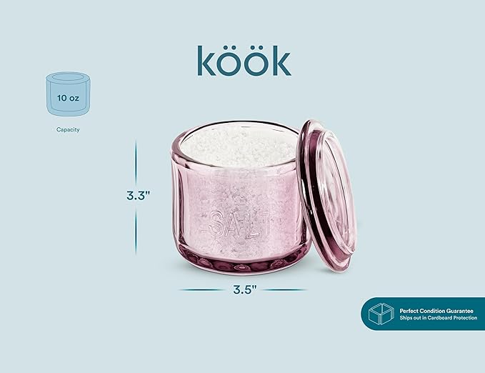 KooK Glass Salt Cellar, with Lid, Embossed Pressed Glass, Clear Storage Container, for Coffee, Sugar, Spices and Candies, Handwash Only, 10 oz, (Pink)