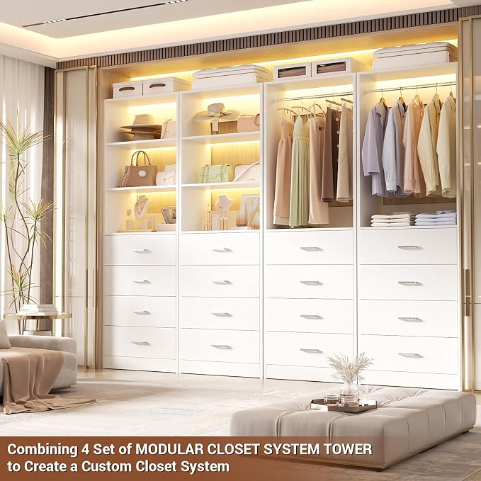 Aheaplus Closet Drawers System, 21.3" Wood Closet Organizer System with 4 Drawers, Modular Walk-in Closet System Storage Unit, Small Closets Wardrobe Rack, Tall Storage Cabinet Unit, White