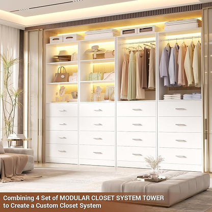 Aheaplus Closet Drawers System, 21.3" Wood Closet Organizer System with 4 Drawers, Modular Walk-in Closet System Storage Unit, Small Closets Wardrobe Rack, Tall Storage Cabinet Unit, White