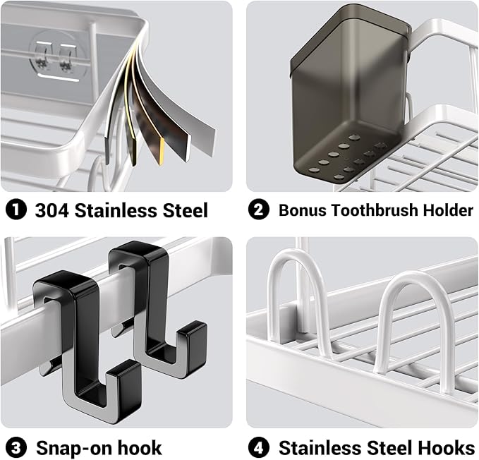 AKTECKE Shower Caddy Corner Organizer Shelf: 2Pack Adhesive Shower Essentials Accessories - No-Drilling Stainless Steel Bathroom Storage Rack with Hooks and Toothpaste Holder