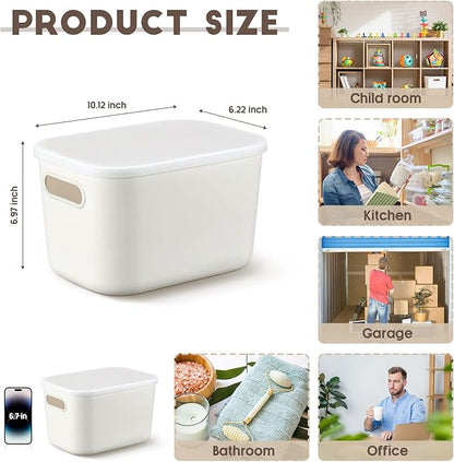 Tuanse 8 Pieces White Plastic Storage Bins with Lids, Stackable Storage baskets with Handle Containers Box for Shelves Drawers Desktop Playroom Classroom Office Organization(7.3 x 10.2 x 6.5 Inches)