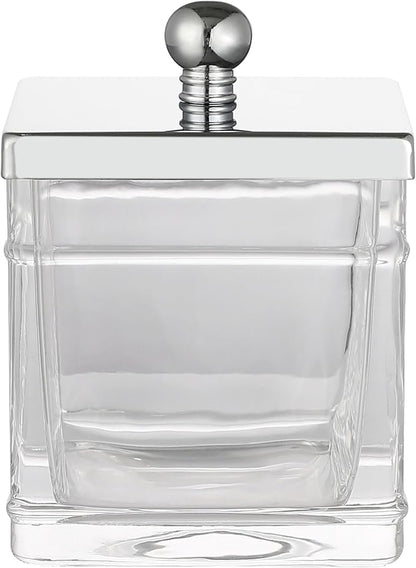 Apothecary Glass Cotton Jar Holder Silver Stainless Steel Lid, Elegant Bathroom Storage Canister for Qtips, Cotton Balls, Floss, Makeup Organizer, Vanity Bathroom Organization