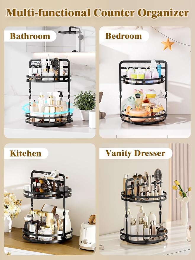 Rotating Makeup Vanity Organizer, 360 Spinning Perfume Organizer for Dresser, 2 Tier Bathroom Countertop Organizer, Black Lazy Susan Skincare Storage, Cosmetic Display Case with Brush Holder