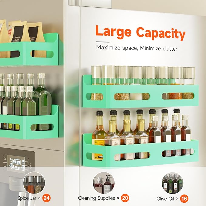 Sevenblue 4 Pack Strong Magnetic Spice Rack for Refrigerator, Multipurpose Magnetic Shelf for Fridge with 4 Hooks for kitchen and Bathroom Organization, Green
