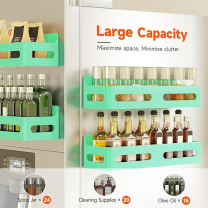 Sevenblue 4 Pack Strong Magnetic Spice Rack for Refrigerator, Multipurpose Magnetic Shelf for Fridge with 4 Hooks for kitchen and Bathroom Organization, Green