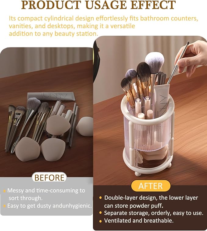 Upgrade Makeup Brush Holder Organizer with Lid, Automatic Lifting Dustproof Makeup Brushes Organizer with 4 Compartments for Vanity，Cosmetic Storage for Dresser Countertop (White)