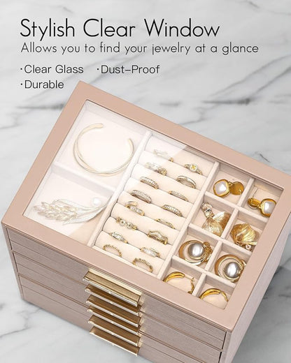 VLANDO 6 Layer Jewelry Box for Women, Glass Lid Jewelry Organizer with 6 Drawers for Necklaces Rings Earrings Bracelets - Toffee