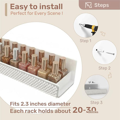 4 Pack 15 Inch Nail Polish Wall Rack，Pearls Crystal Rhinestone Acrylic Nail Polish Organizer，Sunglasses Essential Oil Picture Display Storage Wall Shelf