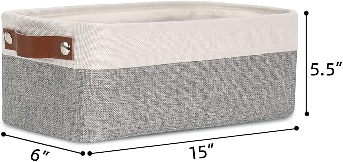 DULLEMELO Fabric Bathroom Storage Bin with Leather Handles, Narrow Organizer for Towels, Toilet Paper Rolls, Storage Basket for Back of Toilet, Vanities, Shelves & Cabinets (White&Gray)