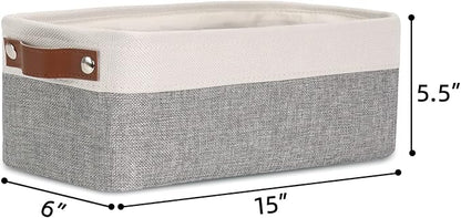 DULLEMELO Fabric Bathroom Storage Bin with Leather Handles, Narrow Organizer for Towels, Toilet Paper Rolls, Storage Basket for Back of Toilet, Vanities, Shelves & Cabinets (White&Gray)
