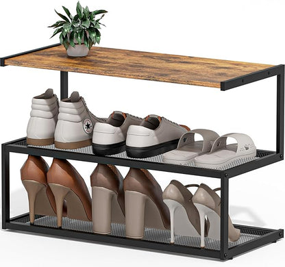 Shoe Rack, Unique 5-Shaped Free Standing Shoe Shelf, 3-Tier Wooden Shoe Organizer with Wooden Top and Steel Frame for Front Door Entrance, Entryway, Hallway, 24.41" D x 11.02" W x 16.14" H