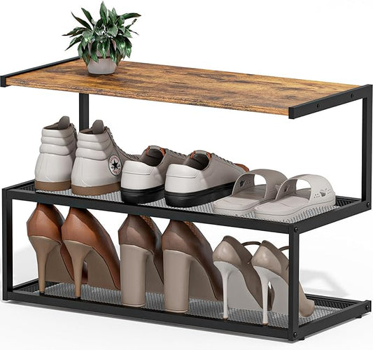 Shoe Rack, Unique 5-Shaped Free Standing Shoe Shelf, 3-Tier Wooden Shoe Organizer with Wooden Top and Steel Frame for Front Door Entrance, Entryway, Hallway, 24.41" D x 11.02" W x 16.14" H