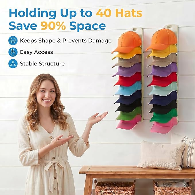 Hat Organizer for Baseball Caps 2 Pack, Detachable Hat Rack for Wall Hold up to 40 Hats, Dual Mounting Ways Universal Hat Holder for Closet, Door, Wall, Red