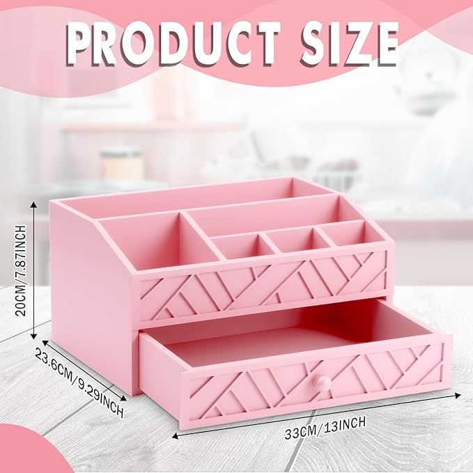 Marsui Paper Plate Dispenser, Wood Rustic Paper Plate Holder for Countertop with Drawer Silverware Utensil Caddy, Cutlery Flatware Organizer for Spoon Fork Napkins Kitchen Parties(Pink)
