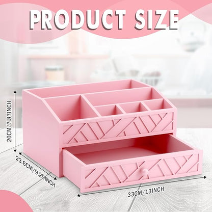 Marsui Paper Plate Dispenser, Wood Rustic Paper Plate Holder for Countertop with Drawer Silverware Utensil Caddy, Cutlery Flatware Organizer for Spoon Fork Napkins Kitchen Parties(Pink)
