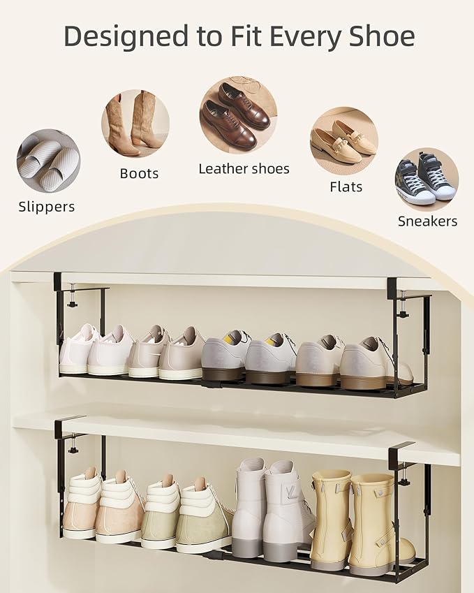 2 Pack Expandable Shoe Rack Organizer for Cabinet, Adjustable Hanging Under Shelf Storage, Sturdy Round Tube Design, Space Saving Shoe Shelf for Closet, Entryway, Laundry Room, Black