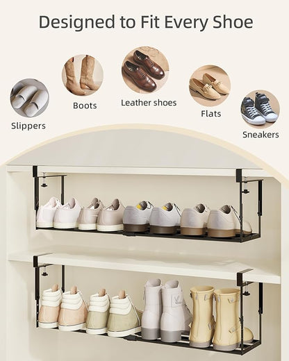 2 Pack Expandable Shoe Rack Organizer for Cabinet, Adjustable Hanging Under Shelf Storage, Sturdy Round Tube Design, Space Saving Shoe Shelf for Closet, Entryway, Laundry Room, Black
