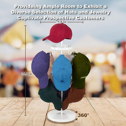 Rotating Hat Organizer for Baseball Caps, 3-Tier Merchandise Display & Tabletop Hat Organizer with Tray Holds 40+ Caps,Hat Stand for Vendor & Home Use in Bedroom, Closet, Dresser, Office