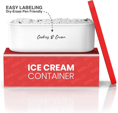BALCI - Ice Cream Container - 2 Quart - Perfect Reusable Freezer Storage for Homemade Ice Cream Tubs for Sorbet, Frozen Yogurt and Gelato! - Flexible Silicone Lids, Long Scoop, Stackable - Red