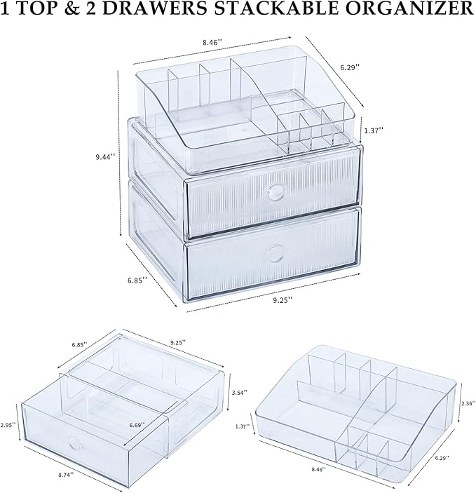 3-Tiers Makeup Organizer with Drawer, Stackable Skincare Storage Box for Vanity and Bathroom, Beauty Essentials, Cosmetic Brushes, Perfume Stand, Large Lipsticks Holder