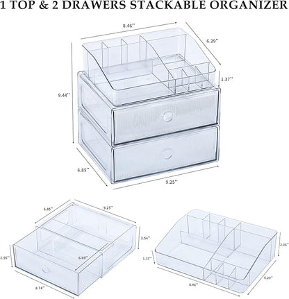 3-Tiers Makeup Organizer with Drawer, Stackable Skincare Storage Box for Vanity and Bathroom, Beauty Essentials, Cosmetic Brushes, Perfume Stand, Large Lipsticks Holder