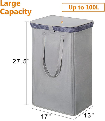 WOWLIVE 100L Laundry Hamper with Lid, Large Foldbale Laundry Basket with 2 Removable Bags and Handles, Tall Collapsible Dirty Clothes Hamper for Laundry Room, Bathroom, Dorm (Grey)