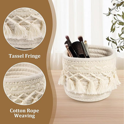 HEAVYWOOD Macrame Makeup Brush Holder Organizer 4.7''x3.9'' Mini Makeup Containers Boho Small Round Storage Basket Tassels Fringe Decorative Pencil Holder Set of 2 (4.7''x3.9'', Cream)