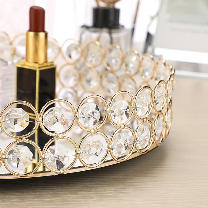 Hipiwe Crystal Vanity Tray Mirrored Dresser Perfume Trays for Makeup Tray Cosmetic Skin Care Storage, Jewelry Trinket Organizer Tray for Bathroom Countertop Home Decor (Large, Gold)