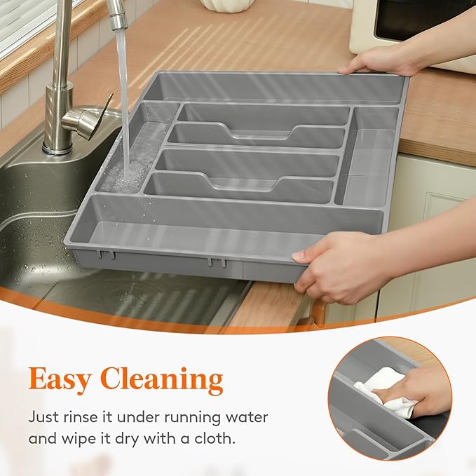 Lifewit Silverware Organizer, Plastic Kitchen Utensil Drawer Tray, Cutlery Flatware Storage Holder for Spoons Forks Knives, 20 x 16"/ 52 x 42cm, 8 Compartment, Gray