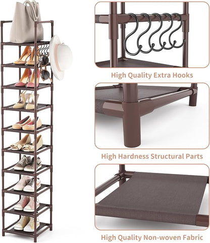 LANTEFUL Tall Shoe Rack 10-Tier Narrow Shoe Shelf Storage for 10-15 Pairs Shoe and Boot, Sturdy Shoe Storage Space Saving Corner Shoe Rack Organizer for Closet, Entryway, Living Room, Brown