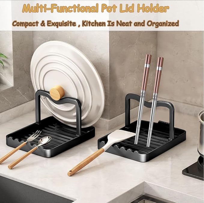 Spoon Rest with Lid Holder, Stainless Steel Lid Holder While Cooking & Organizer with Detachable Drain Tray, Anti-Rust Countertop Space Saver for Spoons, Spatulas (Black)