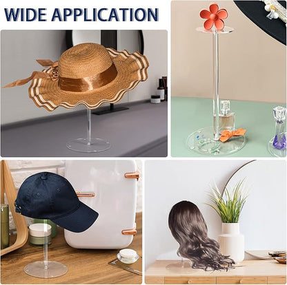 Acrylic Hat Stand and Wig Display Rack, 2pcs 17" Clear Hat Stands, Adjustable Height Hat Holder, Round Barbell Base