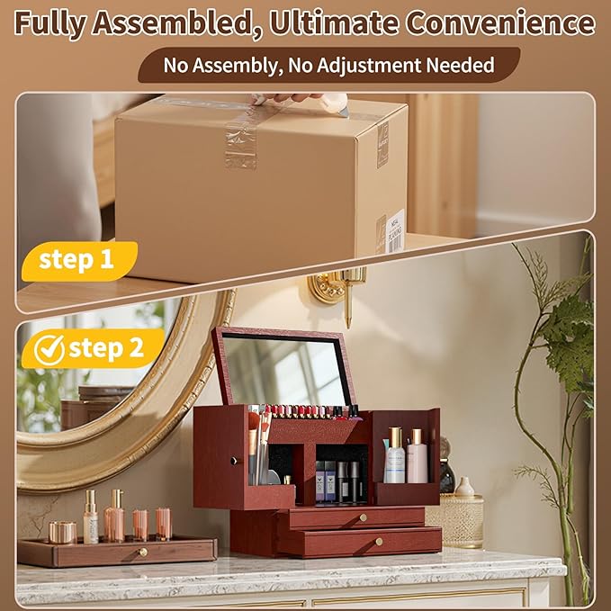 Makeup Organizer Countertop with Drawers: Wooden Multifunctional Dresser Top Cosmetics Storage Tabletop Skin Care Organizer Shelf for Desktop, Skincare, Beauty Supplies, Cosmetics Display
