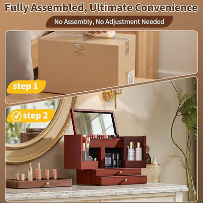 Makeup Organizer Countertop with Drawers: Wooden Multifunctional Dresser Top Cosmetics Storage Tabletop Skin Care Organizer Shelf for Desktop, Skincare, Beauty Supplies, Cosmetics Display